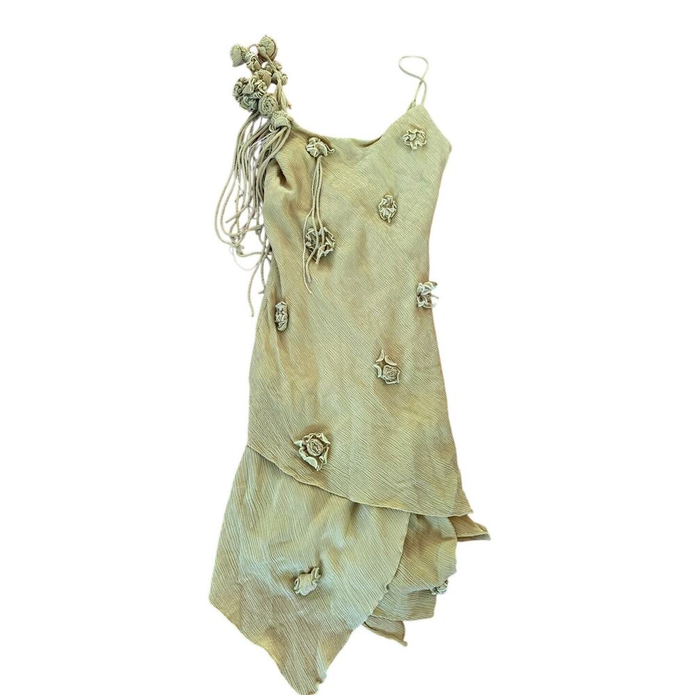 Vintage Y2K Cache Warm Green Beaded Rosette Fringe Asymmetric Slip Dress Fairy
